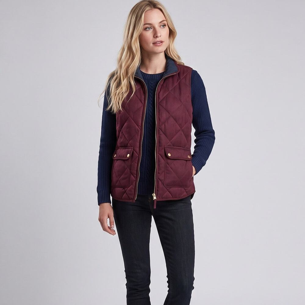 J Crew Burgundy Quilted Puffer Vest XS Women Maroon Excursion Zip Pocket Navy